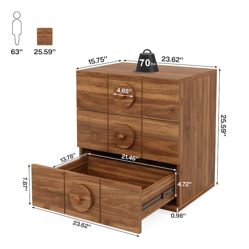 3 Drawers Nightstand with Solid Handles, Modern Night Stand for Bedroom