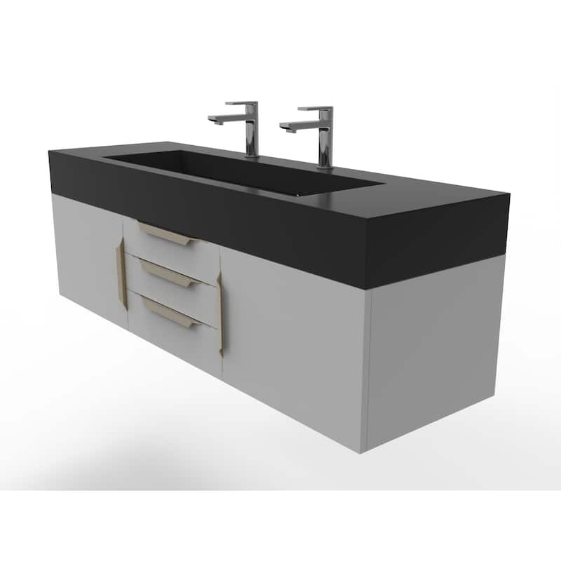 Nile 60" Wall Mounted Bathroom Vanity Set w/ Black Top