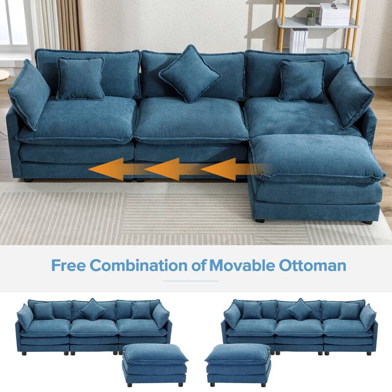 112.2" Modern L-Shaped 4-Seat Sectional Sofa with Removable Ottoman, 5 Plush Pillows, and Sturdy Construction
