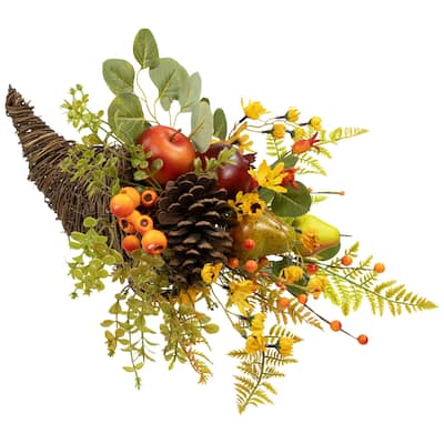 Apples, Berries and Pears Artificial Fall Harvest Cornucopia - 20" - Brown and Green