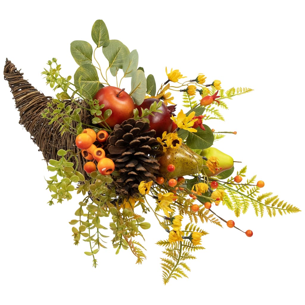 Apples, Berries and Pears Artificial Fall Harvest Cornucopia - 20" - Brown and Green