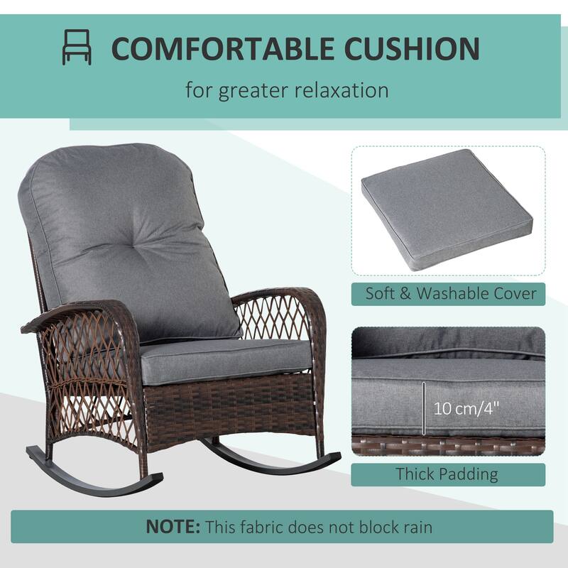 Outdoor Wicker Rocking Chair with Thick Padded Backrest, Rattan Rocker with Steel Frame for Patio, Garden, Backyard