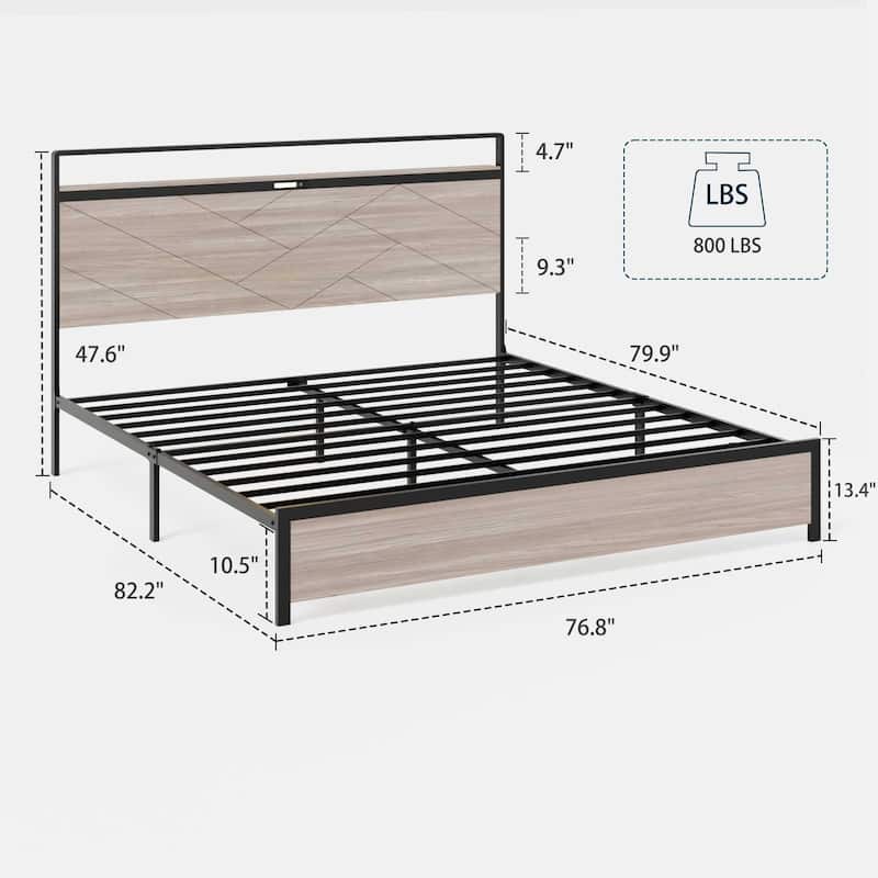 Platform Bed Frame with LED Headboard, Metal Bed with Charging Station and Under-Bed Storage