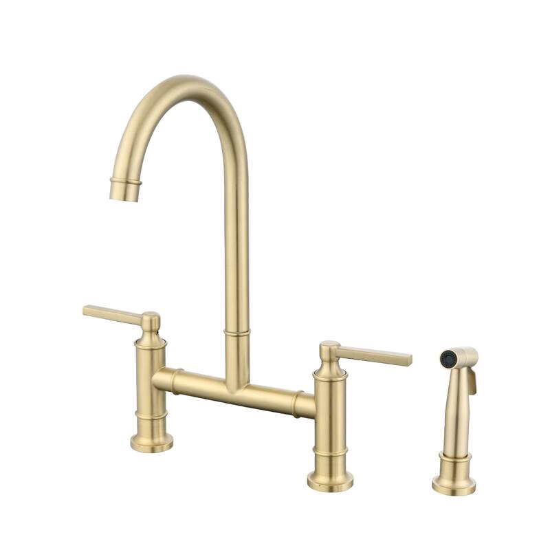 Dornberg Two Handles High Arc Bridge Kitchen Faucet with Side Sprayer - Brushed Gold