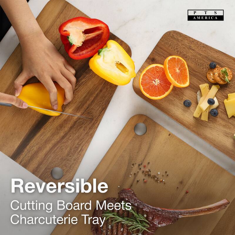 Sango Atelier Acacia Wood 3-Piece Cutting Board Set with Slant Edge & Juice Grooves- Reversible Kitchen Chopping Boards