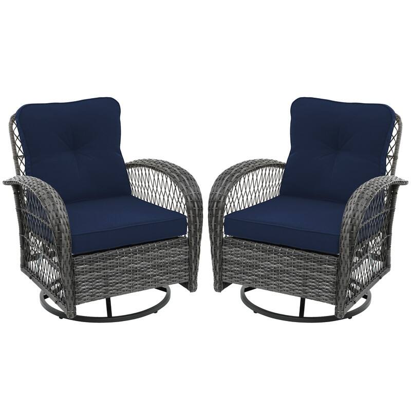 Patio Watcher 2-Piece Outdoor Gray Rattan 360 Degree Swing Patio Conversation Chair Set with Cushions - Navy Blue