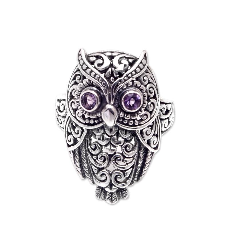 Novica Handmade Purple Baby Owl Amethyst Cocktail Ring - 6