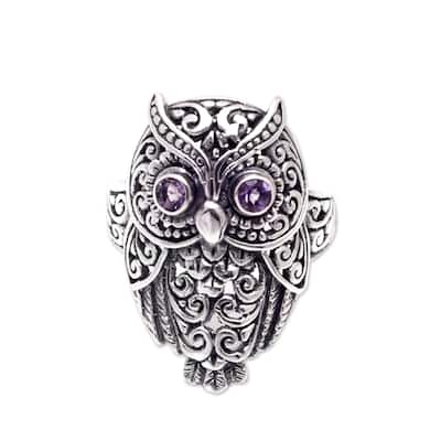 Novica Handmade Purple Baby Owl Amethyst Cocktail Ring