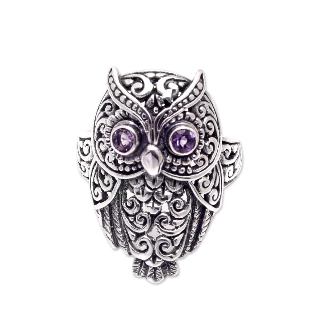 Novica Handmade Purple Baby Owl Amethyst Cocktail Ring