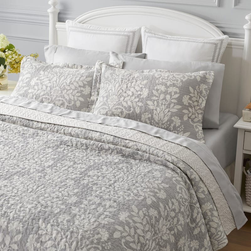 Laura Ashley Rowland Cotton Reversible Grey Quilt Set
