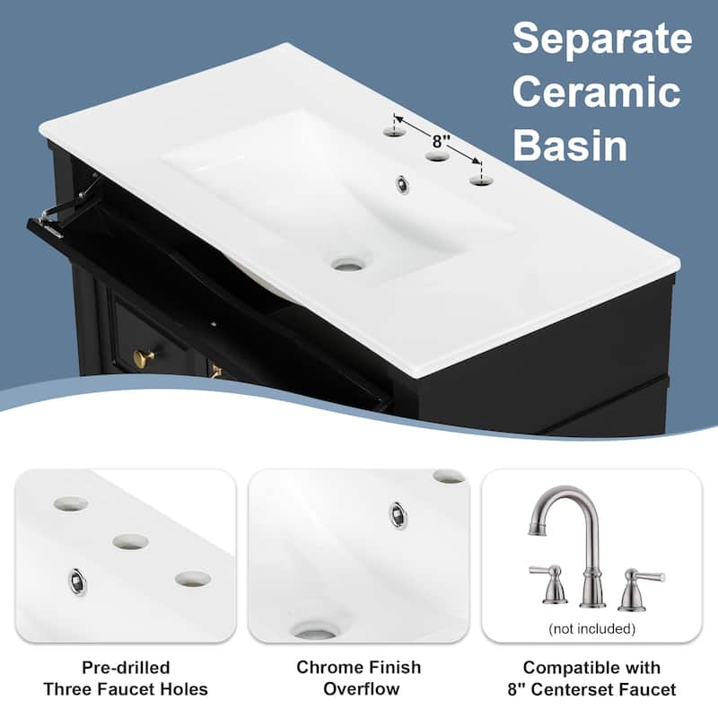 Modern 36-Inch Bathroom Vanity with Sink, Rubberwood and MDF Cabinet, Flip Drawer, Adjustable Shelf, and Storage Drawers