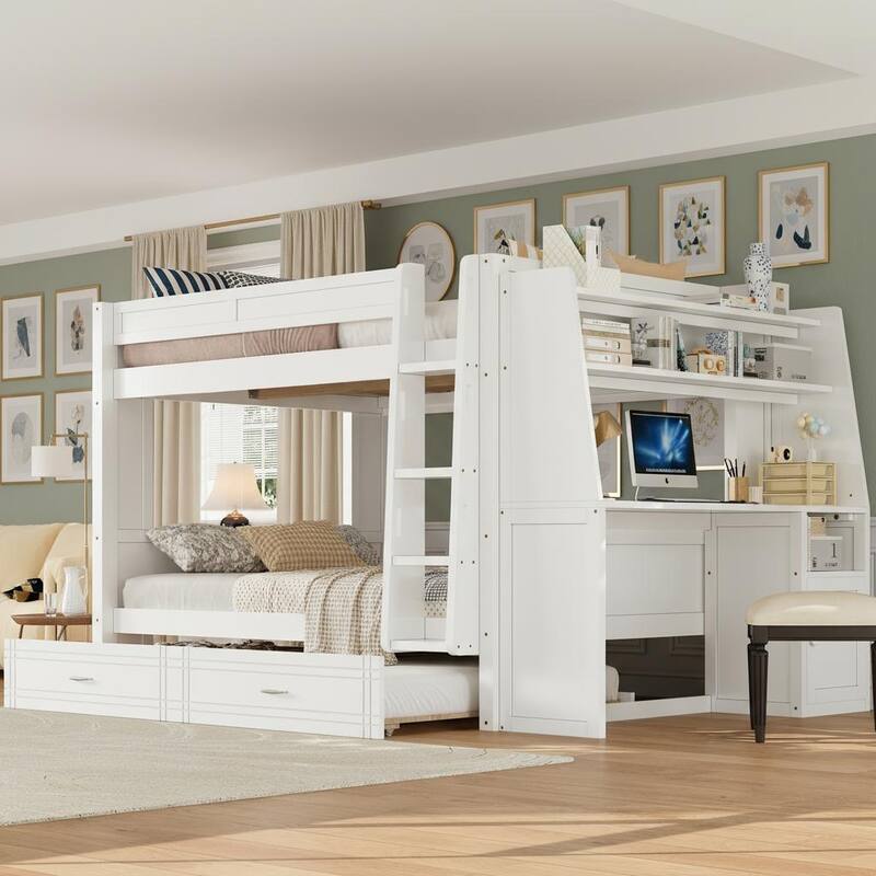 Space-Saving Full Size Bunk Bed with Pull-Out Trundle & Built-in Study Desk by Harper&Bright Designs - White