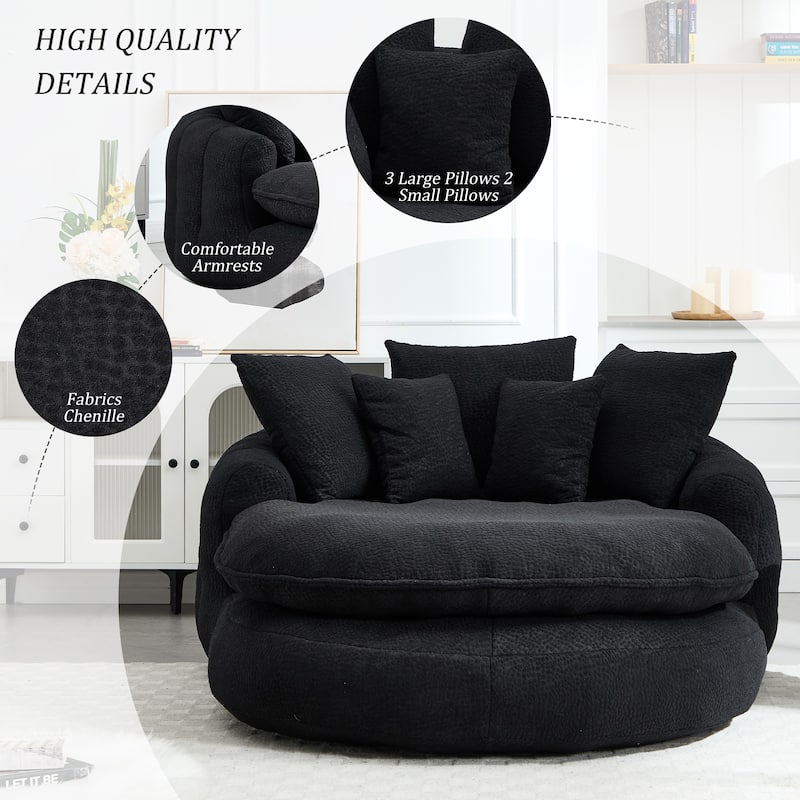 Oversized Oval Upholstered Bean Bag Sofa, Lazy Sofa with 3 Large Pillows and 2 Small Pillows, Wrap Around Backrest