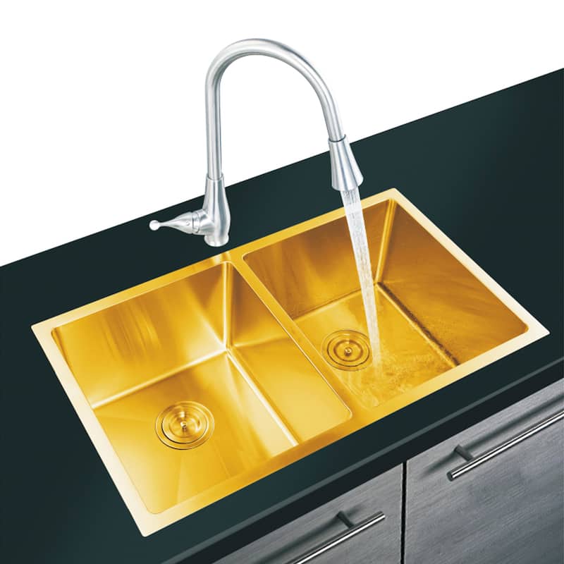 CB HOME 32" Gold Undermount & Drop-in Double Bowl Kitchen Sink,Top mount 50/50 Stainless Steel Kitchen Sink - 32'' - 32'' - Gold