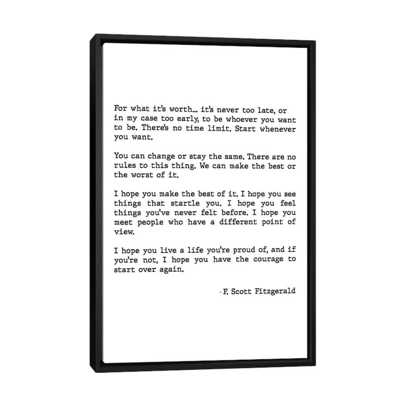 iCanvas "For What It's Worth Scott Fitzgerald Quote" by Mambo Art Studio Framed Canvas Print - Black - 48x32