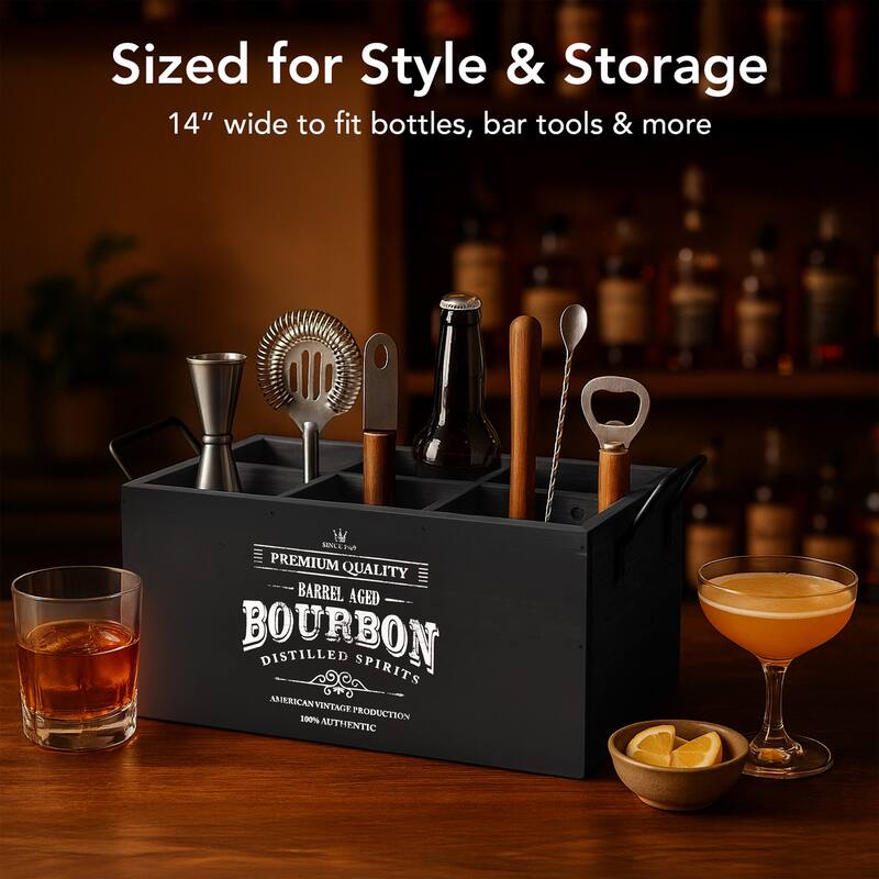 American Art Decor The Bourbon Bar Wood Crate Bottle Holder with Metal Handles - 7" H x 14" L x 8" D