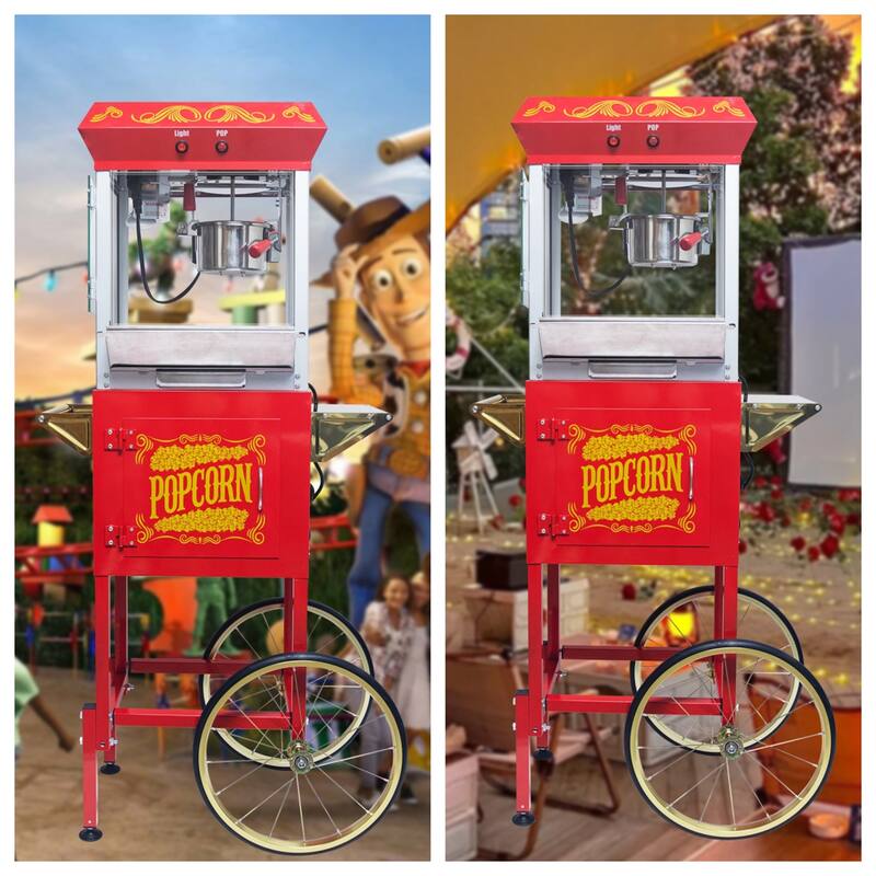 8oz Popcorn Machine with Cart, Stainless Kettle and Warming Deck