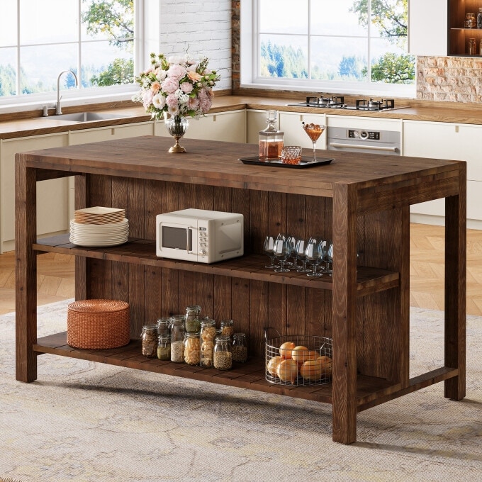 59.05" Solid Wood Kitchen Island with Storage, Dining Prep Table
