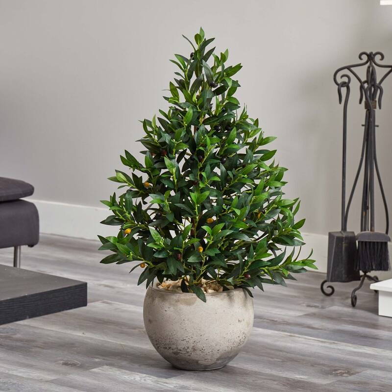 Artificial Olive Tree Topiary 3ft Indoor Outdoor - Stone Planter, Green Foliage, Decorative Accent - 31-40 Inches