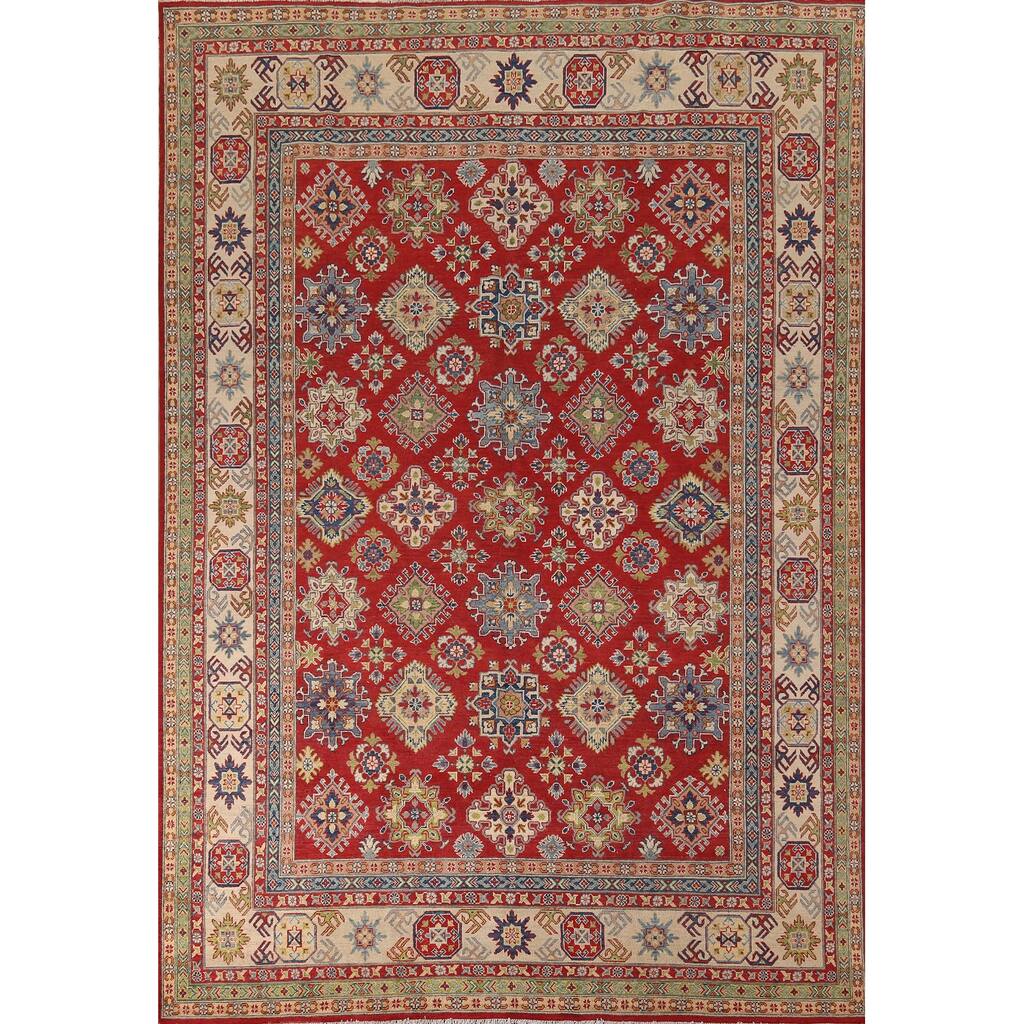 Geometric Red Kazak Area Rug Hand-Knotted Wool Carpet - 8'11" x 11'10"