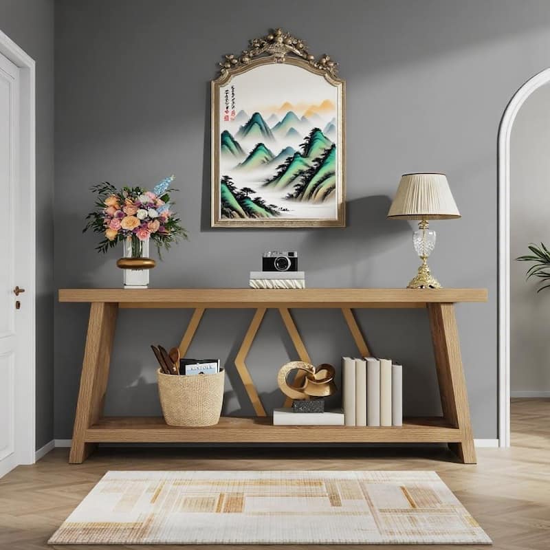 Double Decker Sofa Table with Wood Top and Metal Frame 2 Tier Console Entryway Hallway Display Table - 70.86" x 11.81" x 31.50"