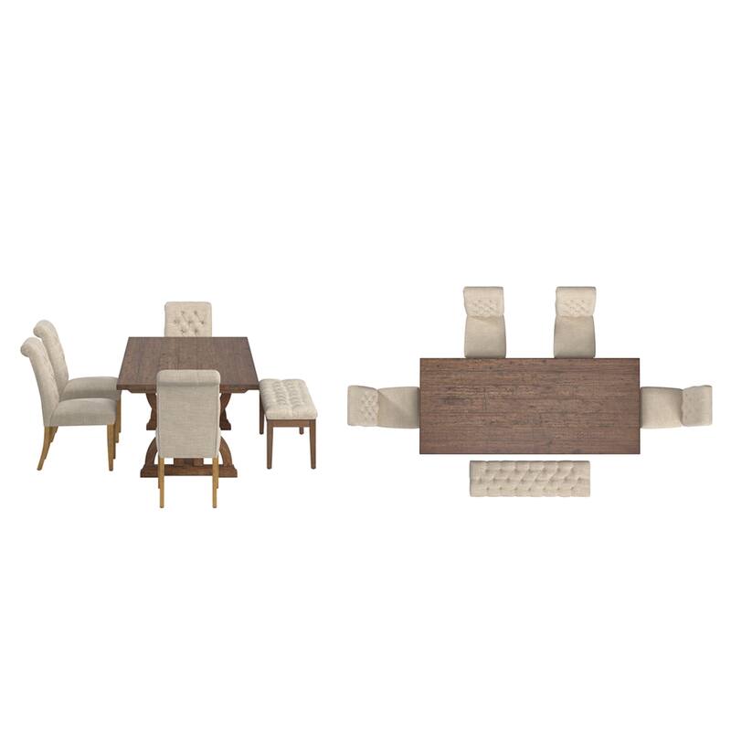 Bratislava Reclaimed Wood Table with Rolled Top Tufted Chairs Dining Set