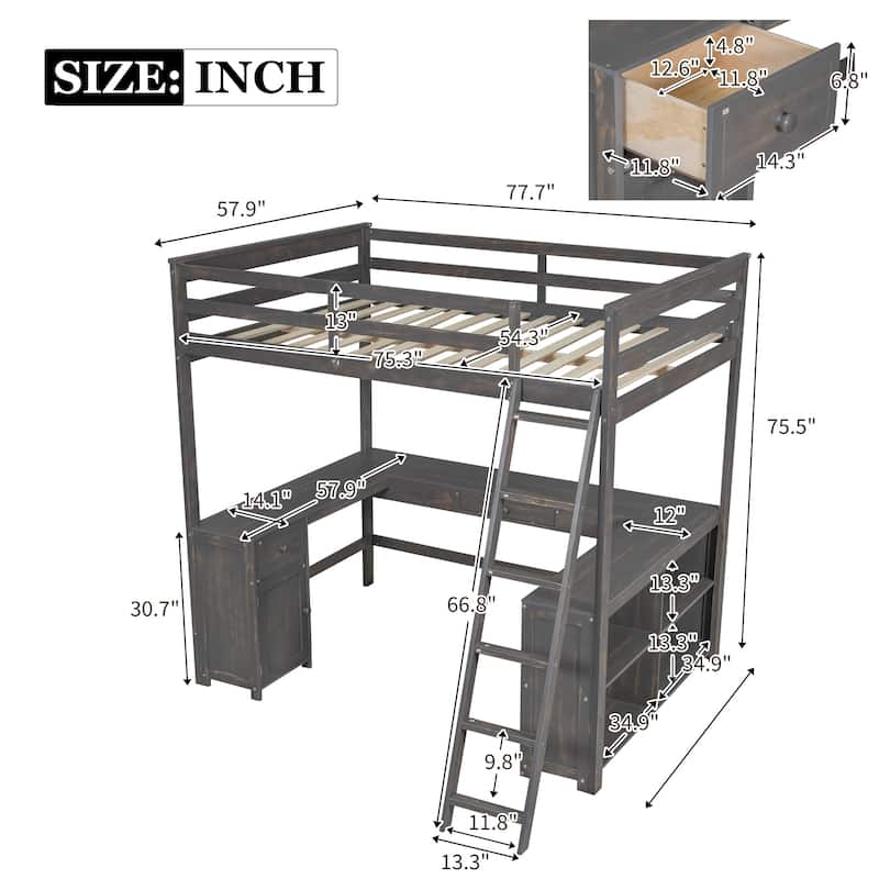 Full Loft Bed with U-Shaped Desk, Storage Drawers, Shelves, and Guardrails, Perfect for Kids and Teens, No Box Spring Needed
