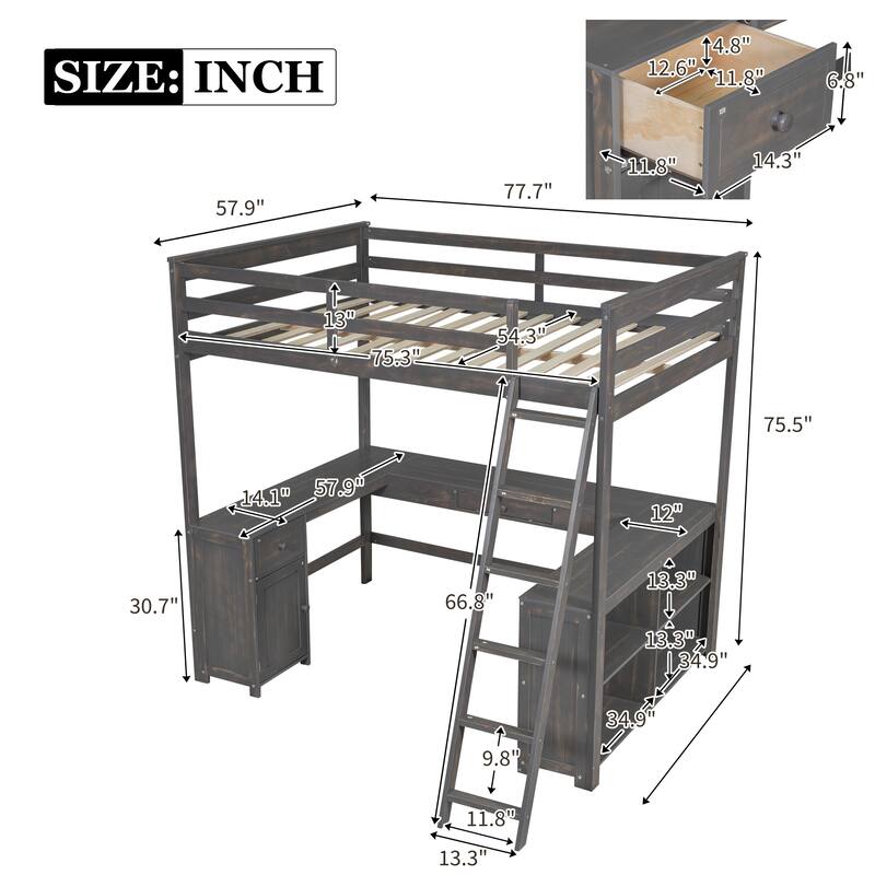 Twin/Full Size Loft Bed with U-Shaped Desk, Drawers, and Storage Shelves for Children's Bedrooms, Guest Rooms