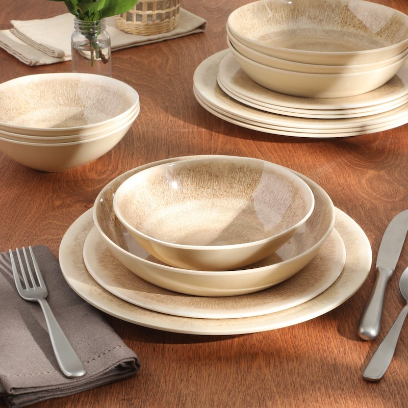Gibson Home Casper Court 16-Piece Melamine Dinnerware Set - Reactive Glaze Look Plates and Bowls, Service for 4