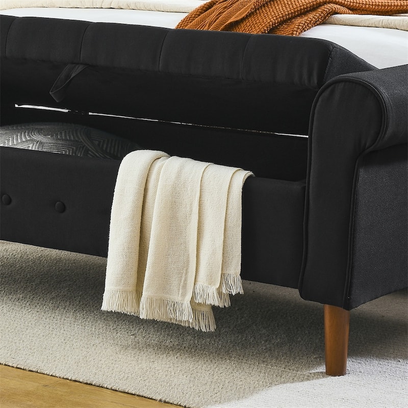62" Bedroom Tufted Button Storage Bench, Linen Upholstered Ottoman