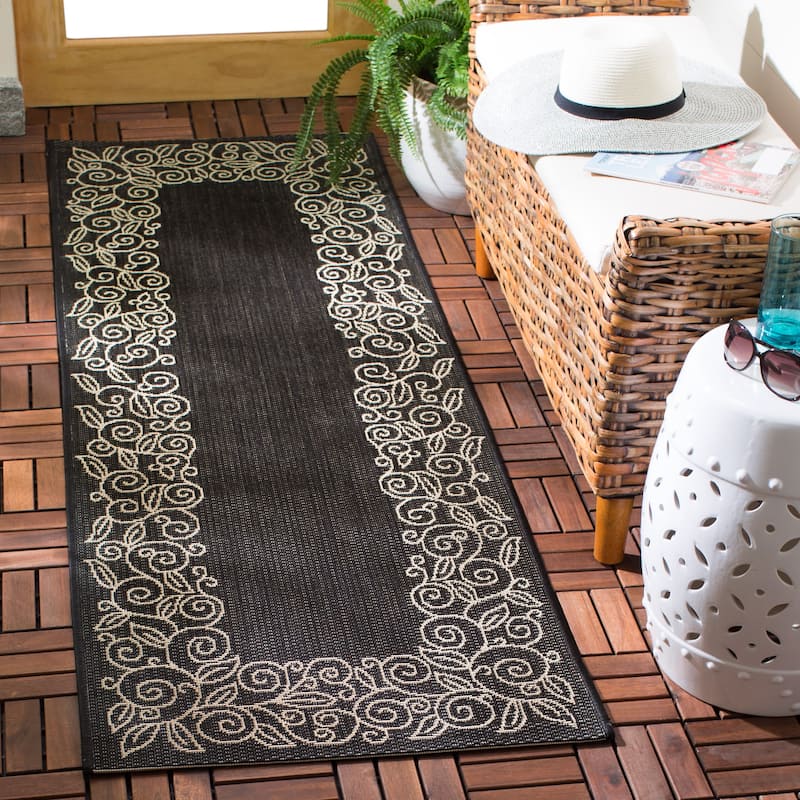 SAFAVIEH Courtyard Bobbye Scroll Indoor/ Outdoor Waterproof Patio Backyard Rug - 2'7" x 8'2" - Black/Beige