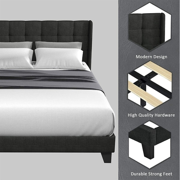 Full Size Wingback Bed Frame with Square Stitched Headboard, Dark Grey