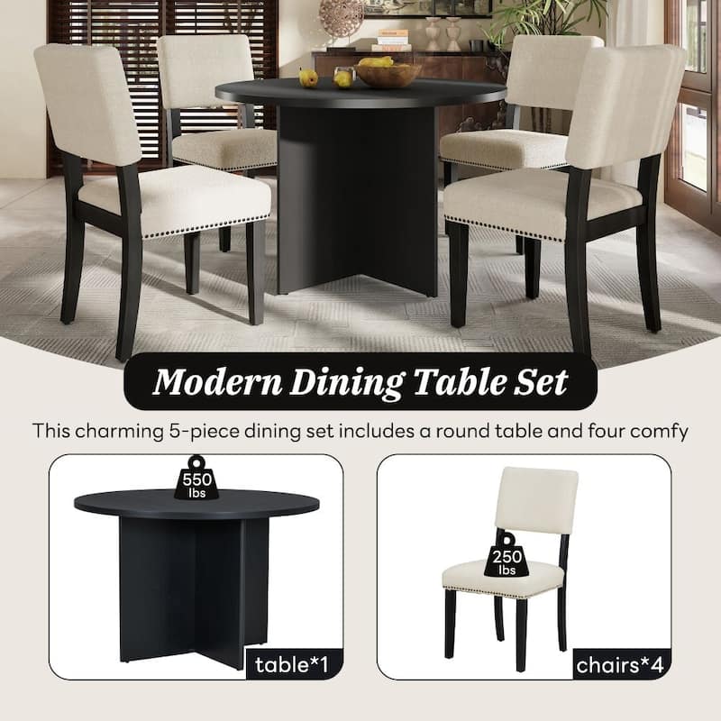5-Piece Round Dining Table Set with 4 Upholstered Dining Chairs
