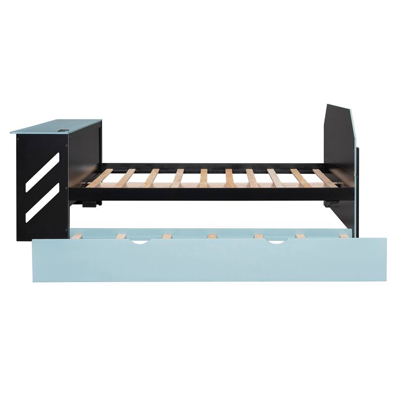 Modern Wood Daybed with Twin Trundle, Desk, USB Port, Cloud Blue