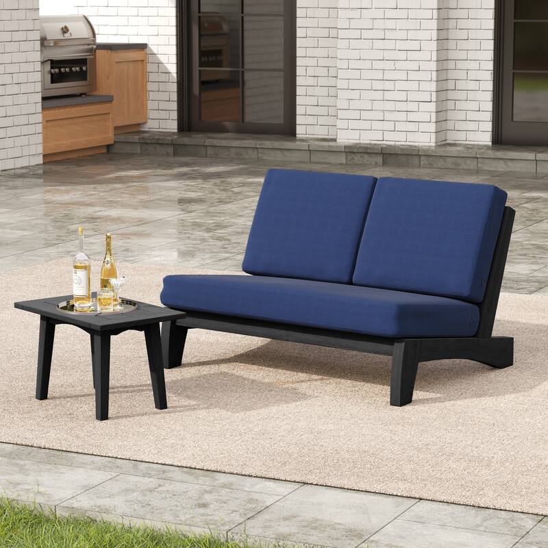 2-Piece Outdoor Teak Wood Loveseat Patio Set with Side Table - Navy-Separate Cushion - Black Frame