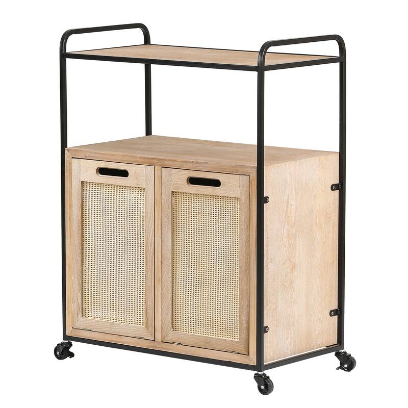 Brown and Black Mobile Natural Wood Double Tilt-Out Laundry Hamper Storage Cabinet