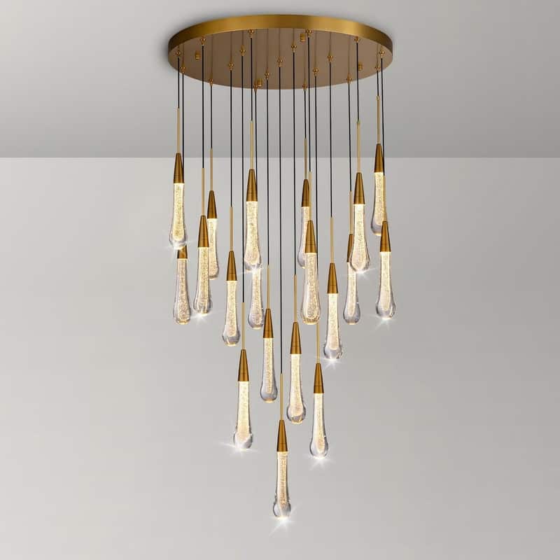 KAYLA Raindrop Chandelier, Modern Glass Pendant Light, Bulb Included - 19-Round - Glod