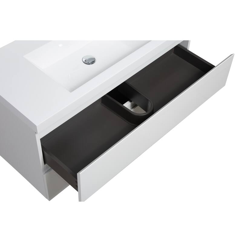 35.5-Inch Floating Bathroom Vanity with Glossy Resin Sink, Ash Grey Color, Wall-Mounted Design, 2 Drawers