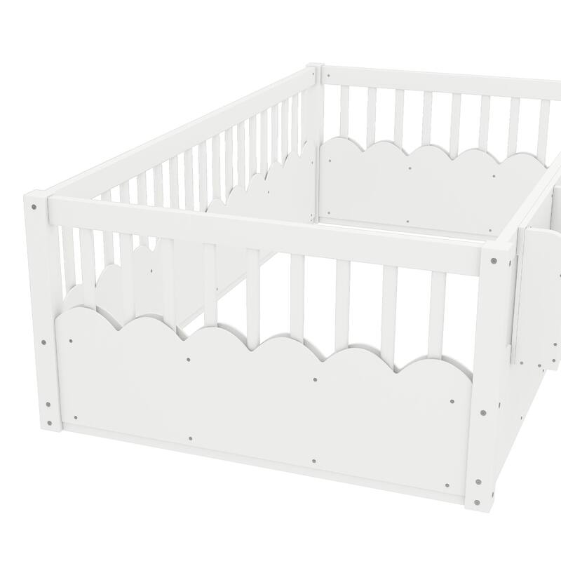 Montessori Floor Bed Kids Bed Frame with Heightened Fence and Bookshelf, Wavy Decoration Wood Platform Bed, No Slats Design