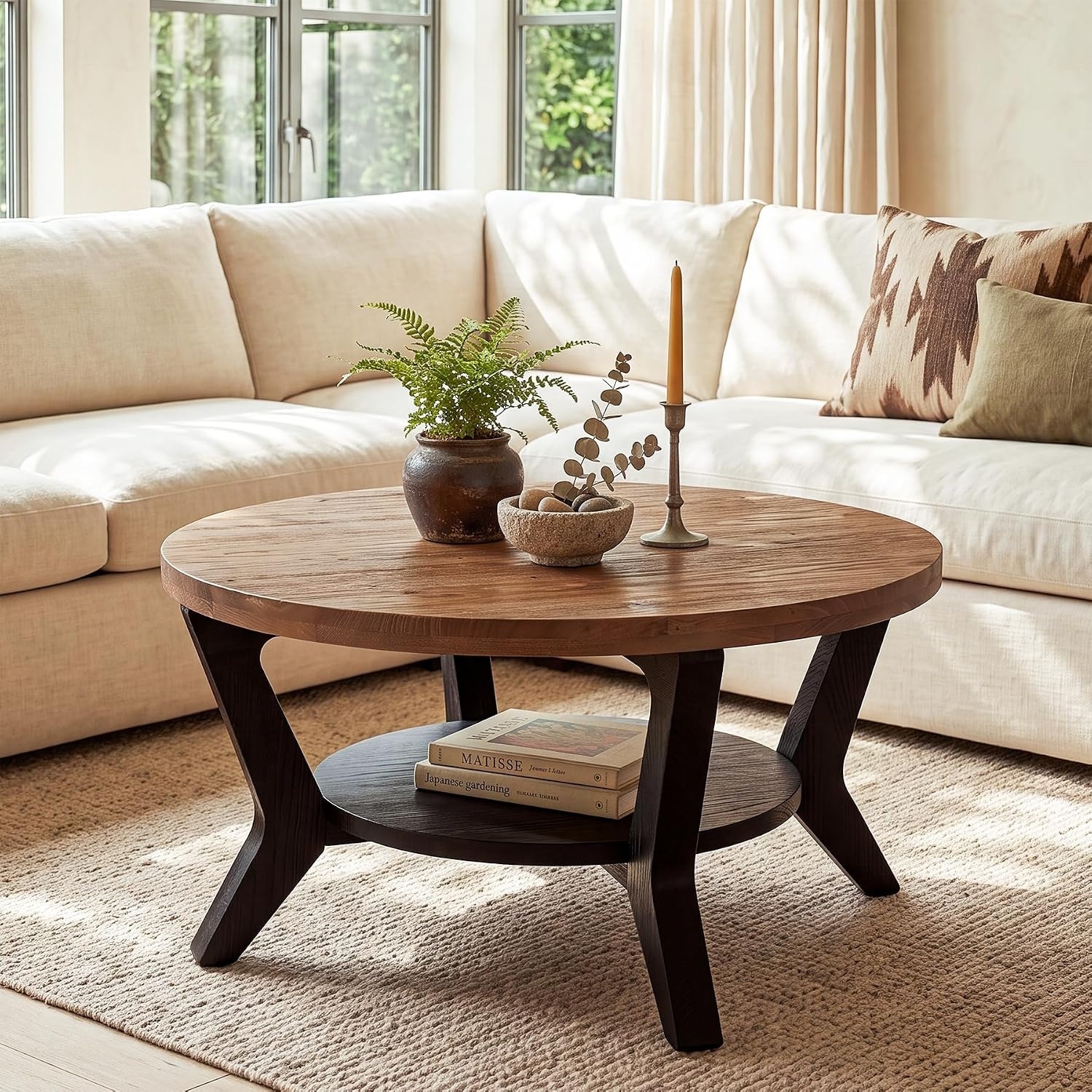 31.5'' Solid Wood Round Coffee Table with Storage Shelf