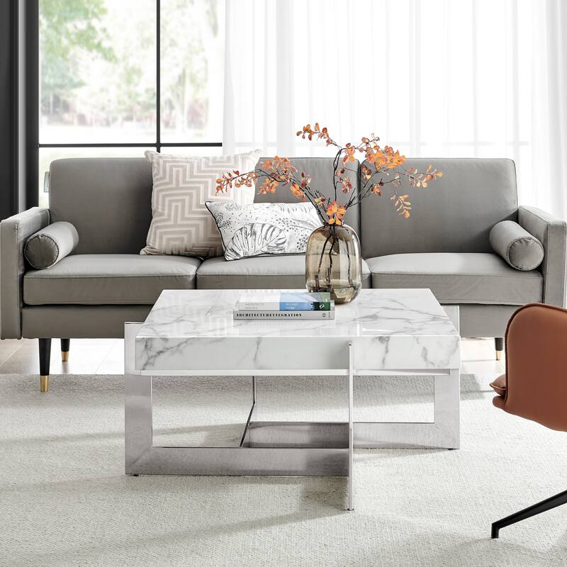 Marmo Reflection White Marble and Chrome Square Coffee Table - White Marble