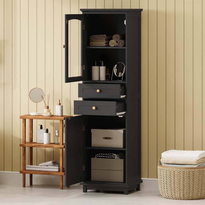 Freestanding Bathroom Cabinet with Glass Door and 2 Storage Drawers, Tall Storage Cabinet Floor Cabinet with Adjustable Shelves