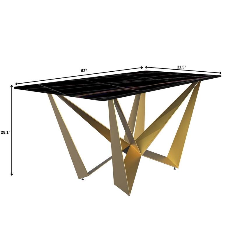 Nuvor Rectangular Sintered Stone or Glass Tabletop Dining Table with Powder-Coated Gold Steel Base for Kitchens & Dining Rooms