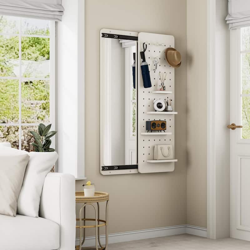 Wall Mounted Full Length Mirror with Shelf and Hook Wall Mounted Mirror with Multifunctional Design Panel(47.6*15.7in)