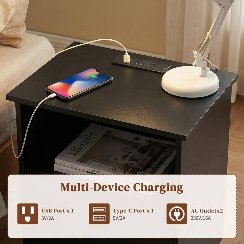 15.7"W Nightstand, P2 Particleboard, Matte Melamine, Handleless, 2 Drawers, US Outlet