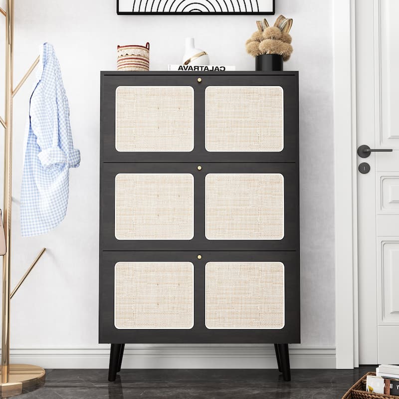 24 Pairs Wooden Rattan 3-Tier Flip-Up Shoe Storage Cabinet - Black