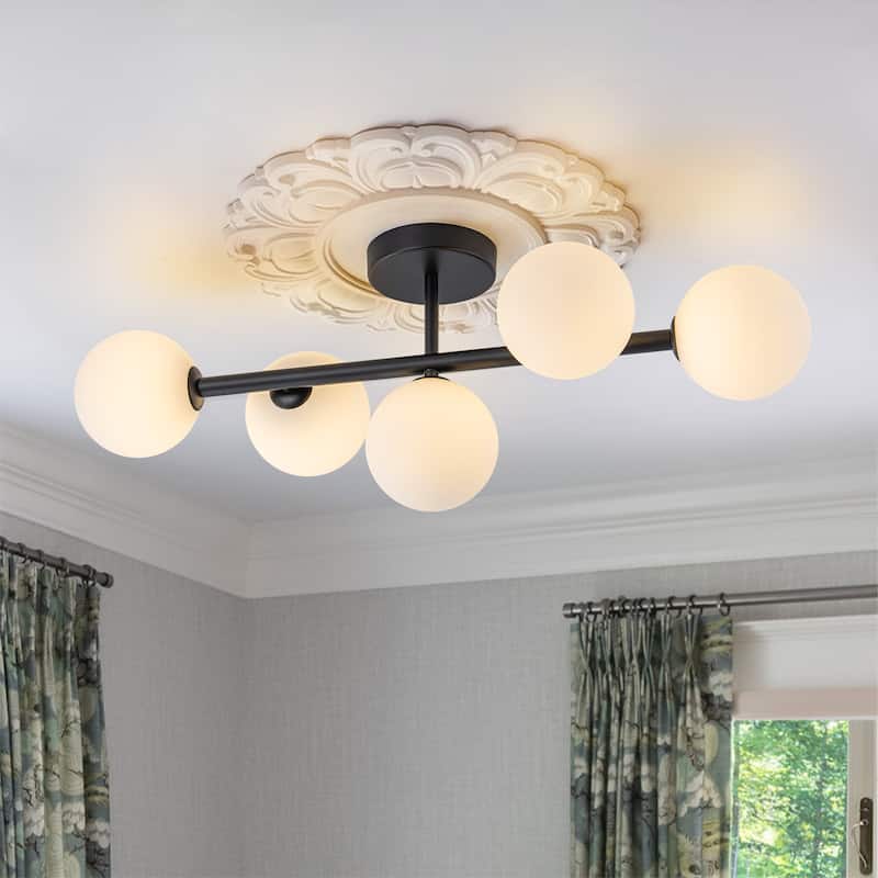 5-Light Dimmable Semi Flush Mount Ceiling Light with Globe Opal Shade - W26.38"