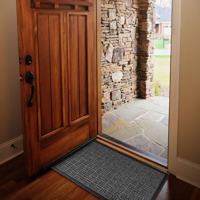 Outdoor Front Door Mat Checkerboard Yvan Polypropylene Rubber Rug Grey