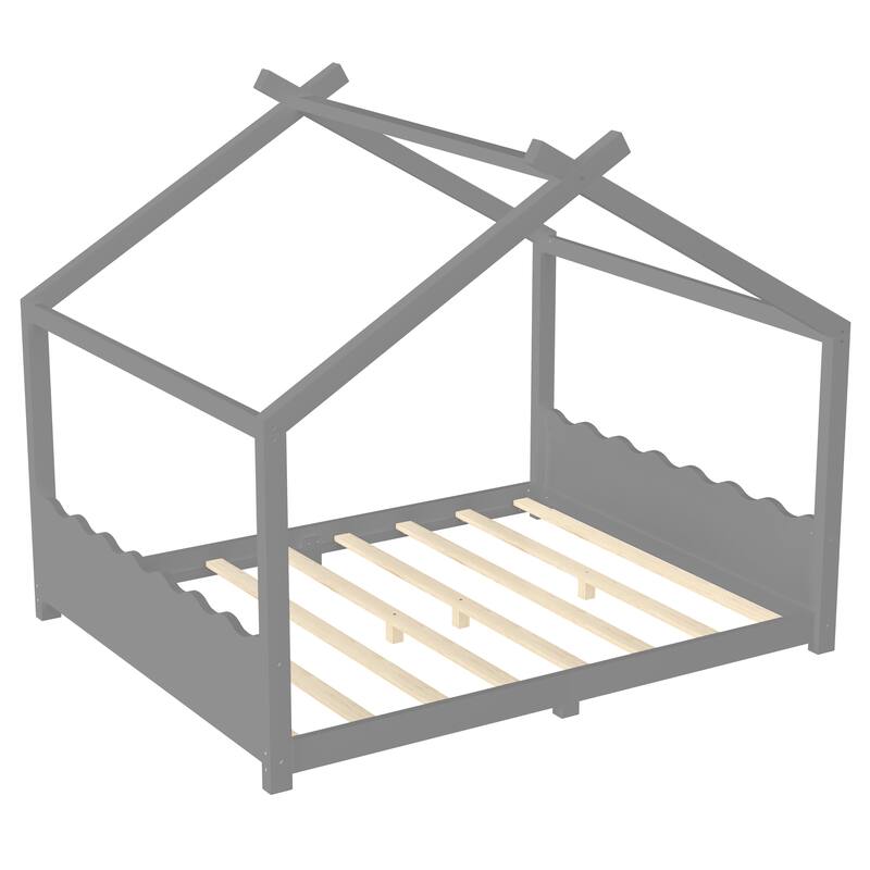 Roomfitters House Floor Bed with Support Slats, Solid Wood Open Frame Design