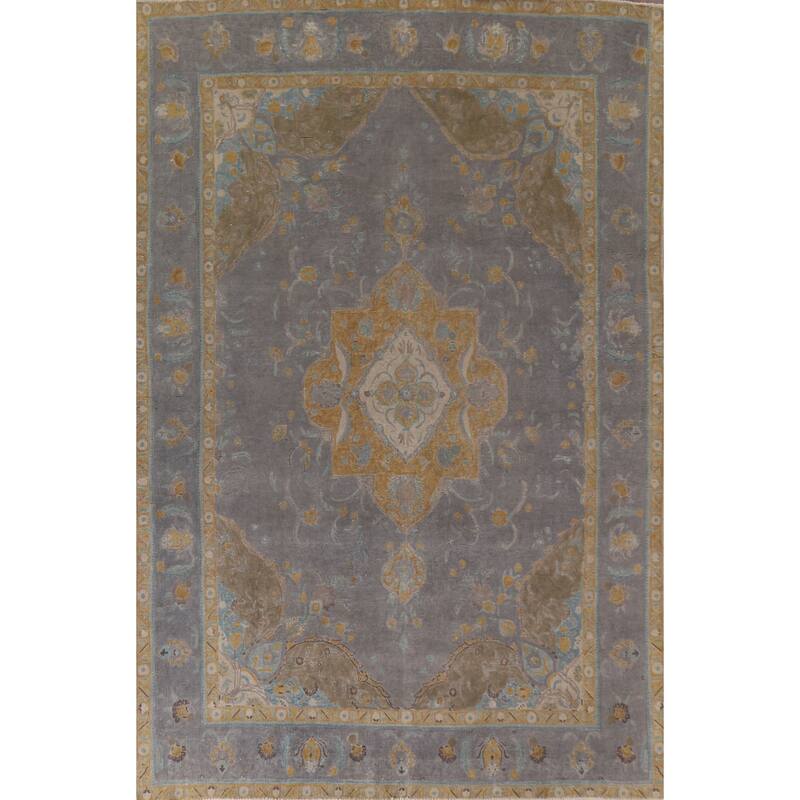 Hand Knotted Oriental 100% Wool Carpet Traditional Floral Greys & Charcoal Tabriz Area Rug - 12' 8'' X 9' 3''